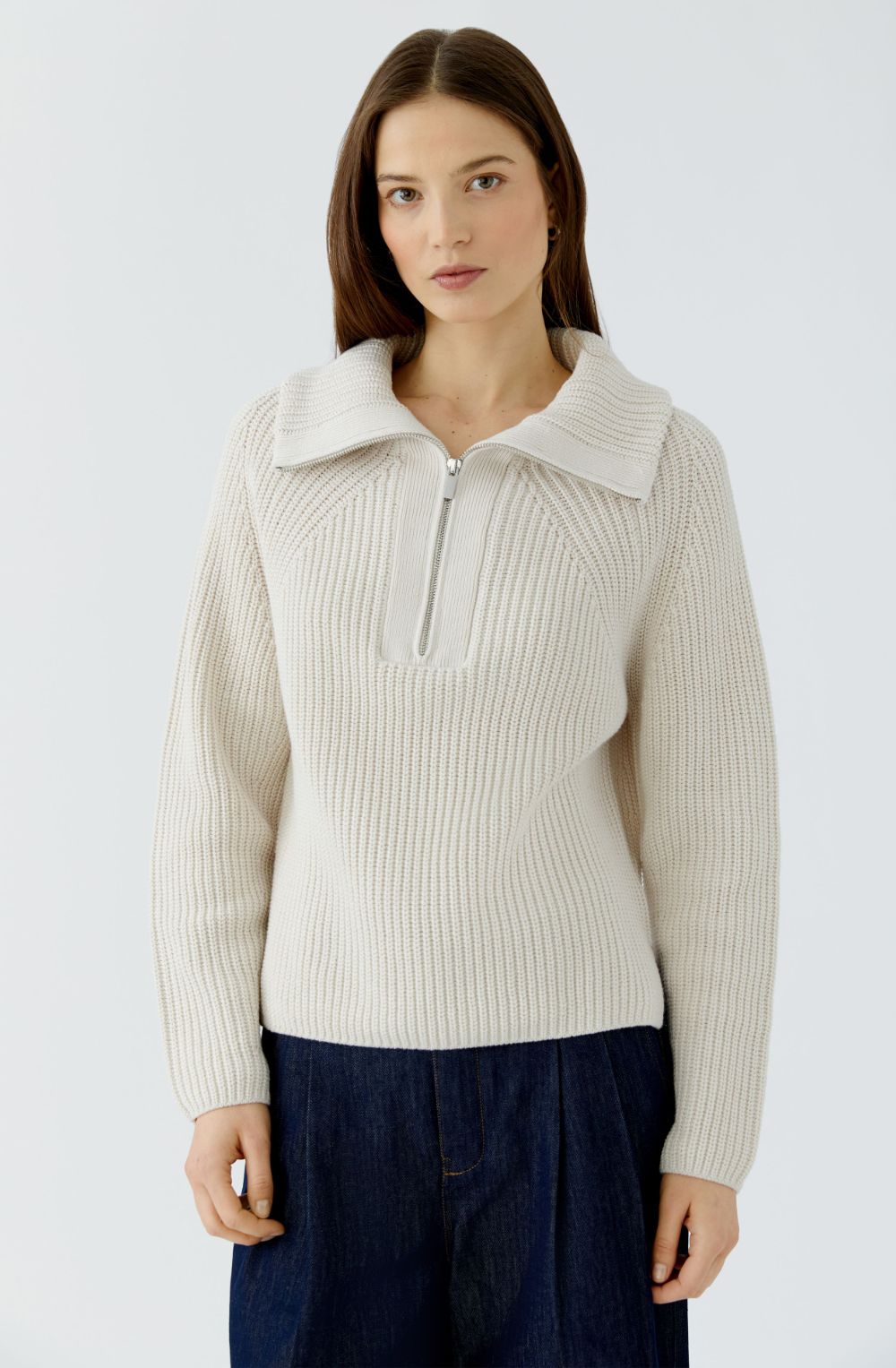 Off-White Ribbed Knit Quarter Zip Jumper