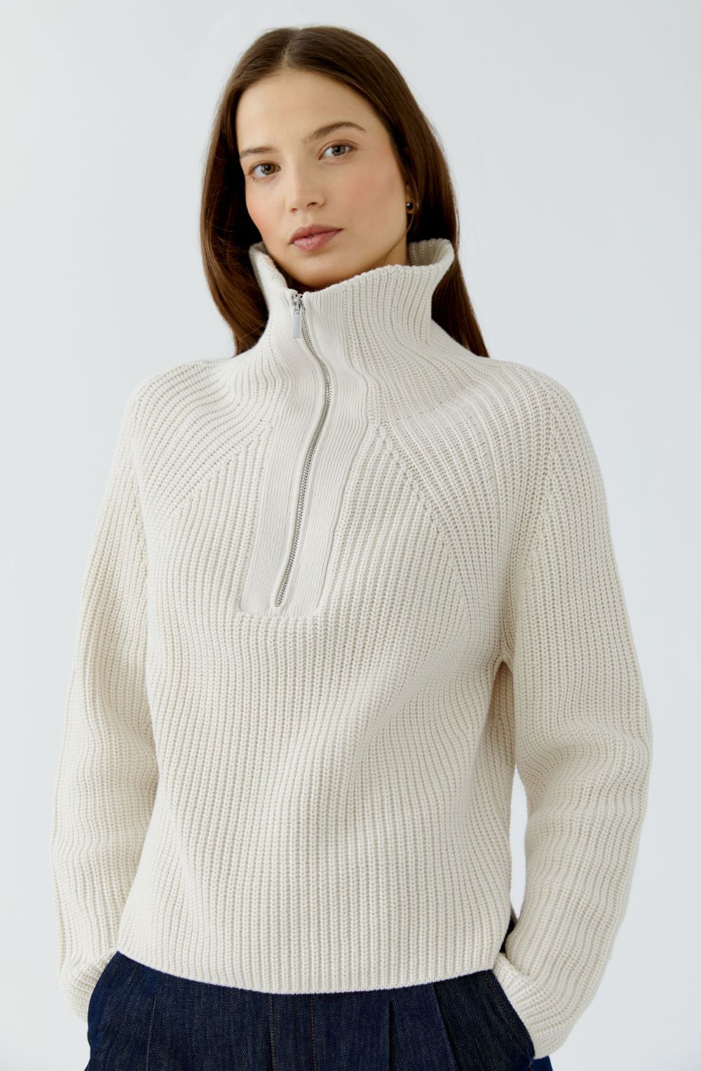 Off-White Ribbed Knit Quarter Zip Jumper