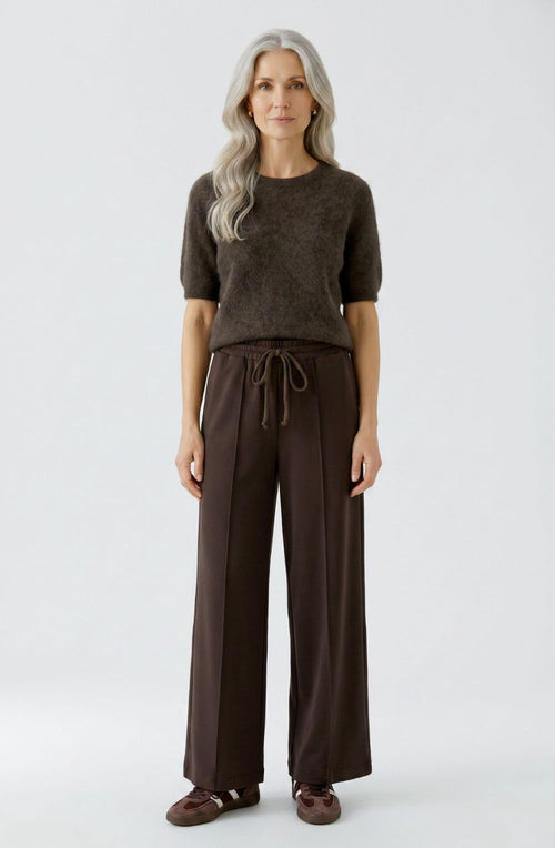 Mulch Brown Scuba Jersey Wide Leg Trousers