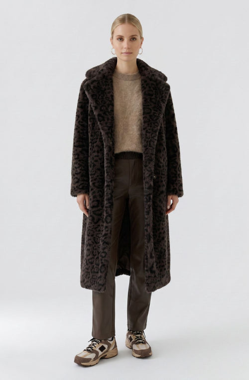 Dark Brown Leopard Print Faux Fur Coat