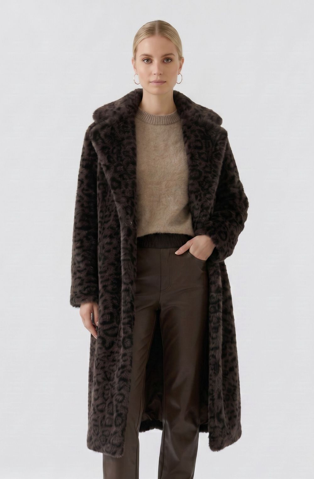 Dark Brown Leopard Print Faux Fur Coat