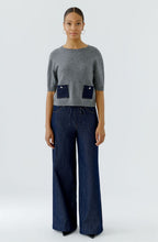 Grey Fine Knit Jumper with Dark Denim Pockets