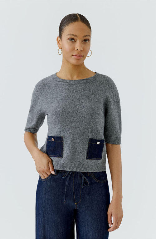 Grey Fine Knit Jumper with Dark Denim Pockets