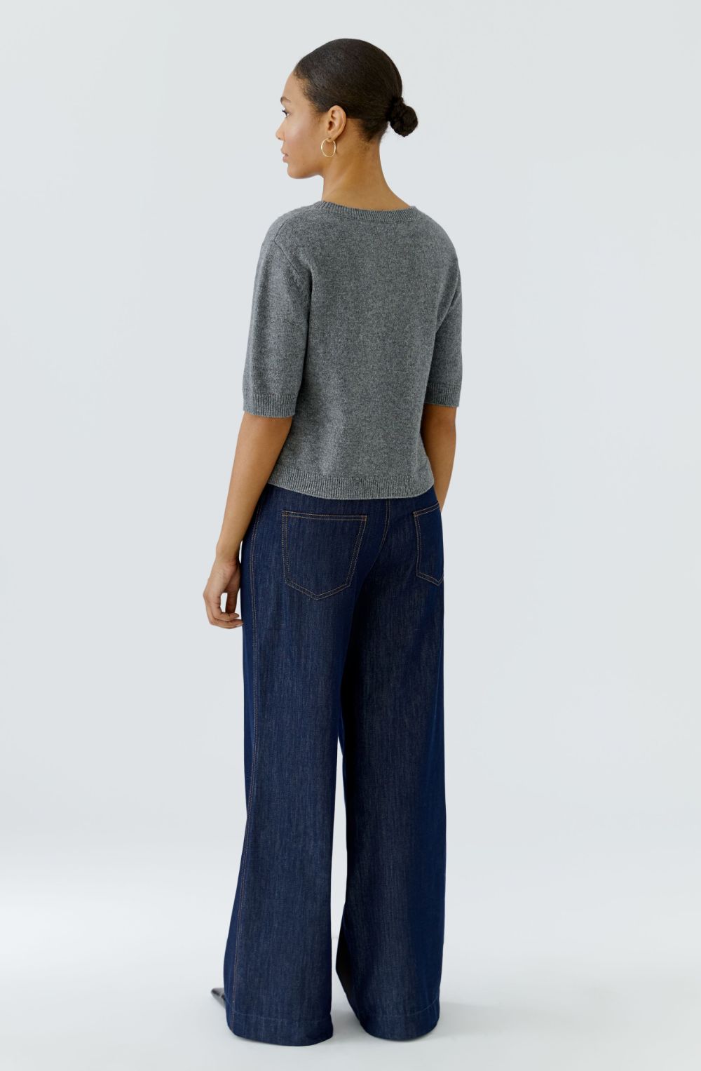 Grey Fine Knit Jumper with Dark Denim Pockets
