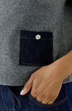 Grey Fine Knit Jumper with Dark Denim Pockets