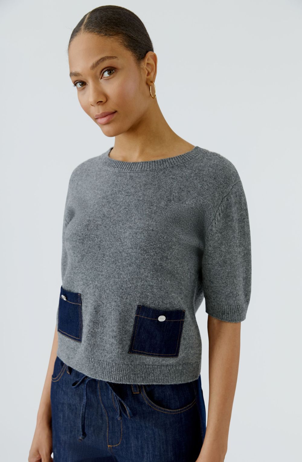 Grey Fine Knit Jumper with Dark Denim Pockets