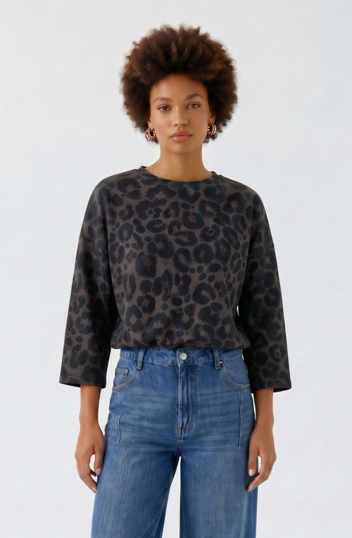 Brown Grey Leopard Print Silk Touch Scuba Top