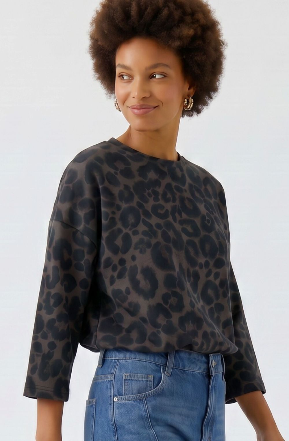 Brown Grey Leopard Print Silk Touch Scuba Top