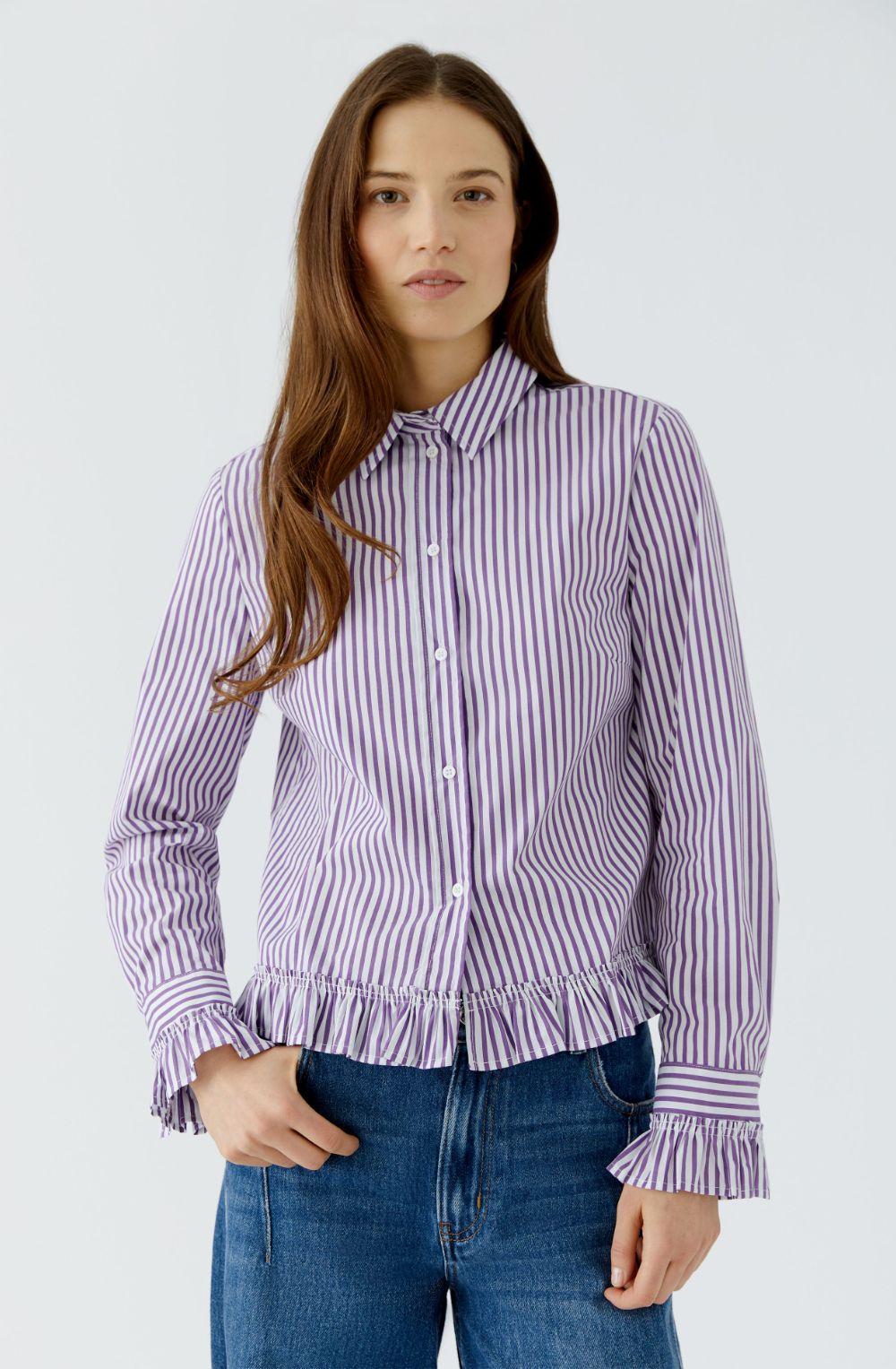 Violet and White Striped Ruffle Shirt