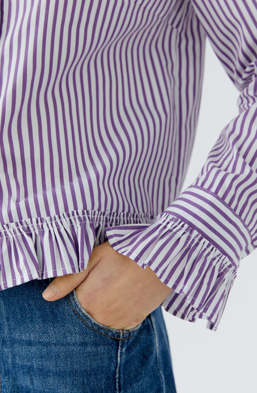 Violet and White Striped Ruffle Shirt