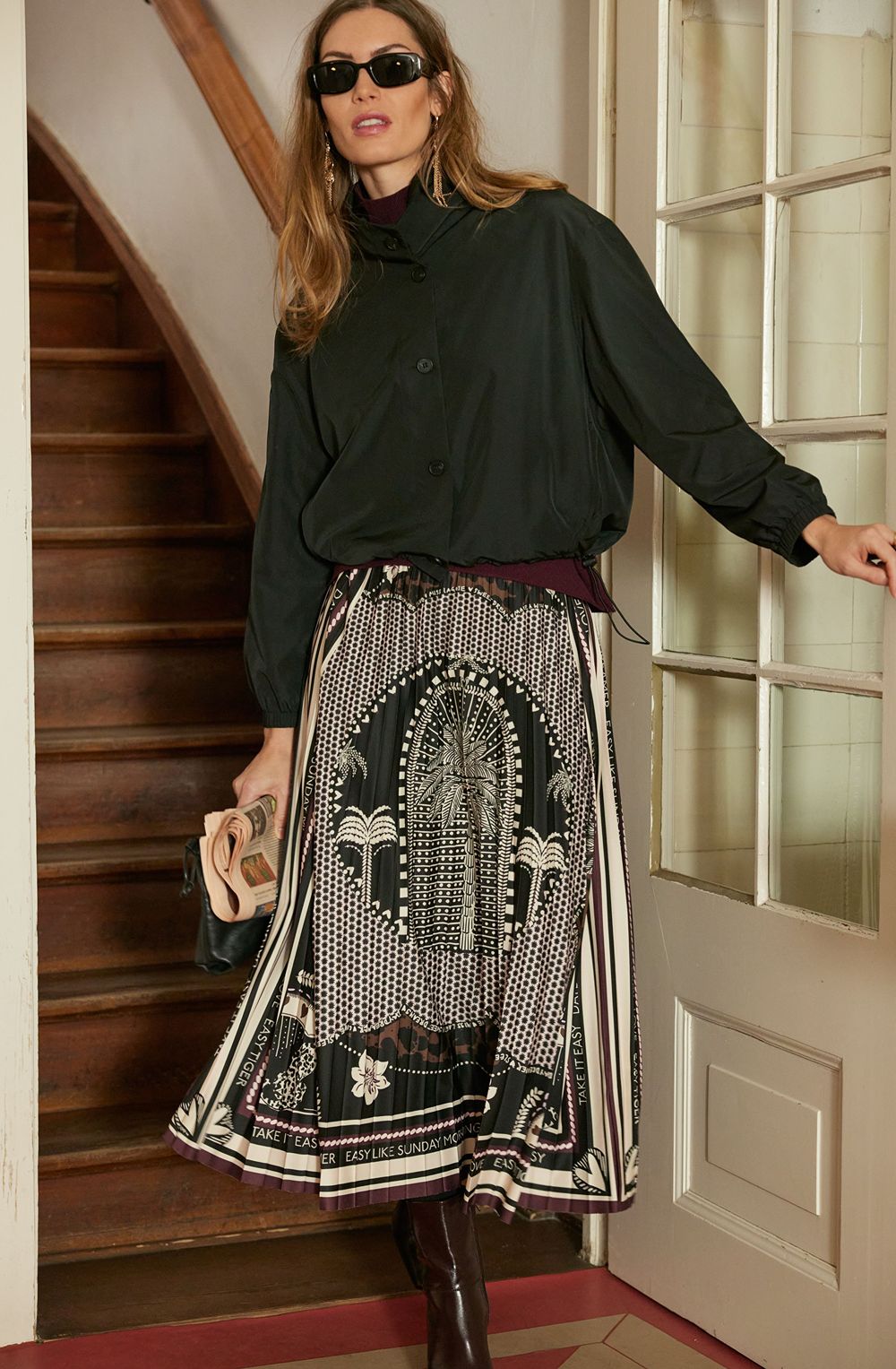 Bramble Berry and Black Bold Print Silk touch Jersey Pleated Skirt