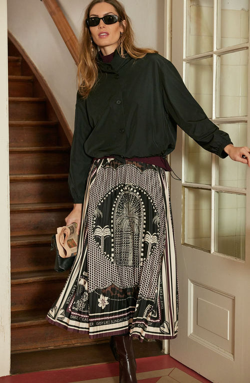 Bramble Berry and Black Bold Print Silk touch Jersey Pleated Skirt
