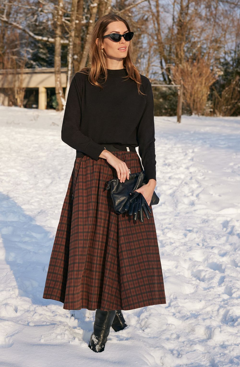 Brown Grey Checked Satin Touch A-Line Skirt