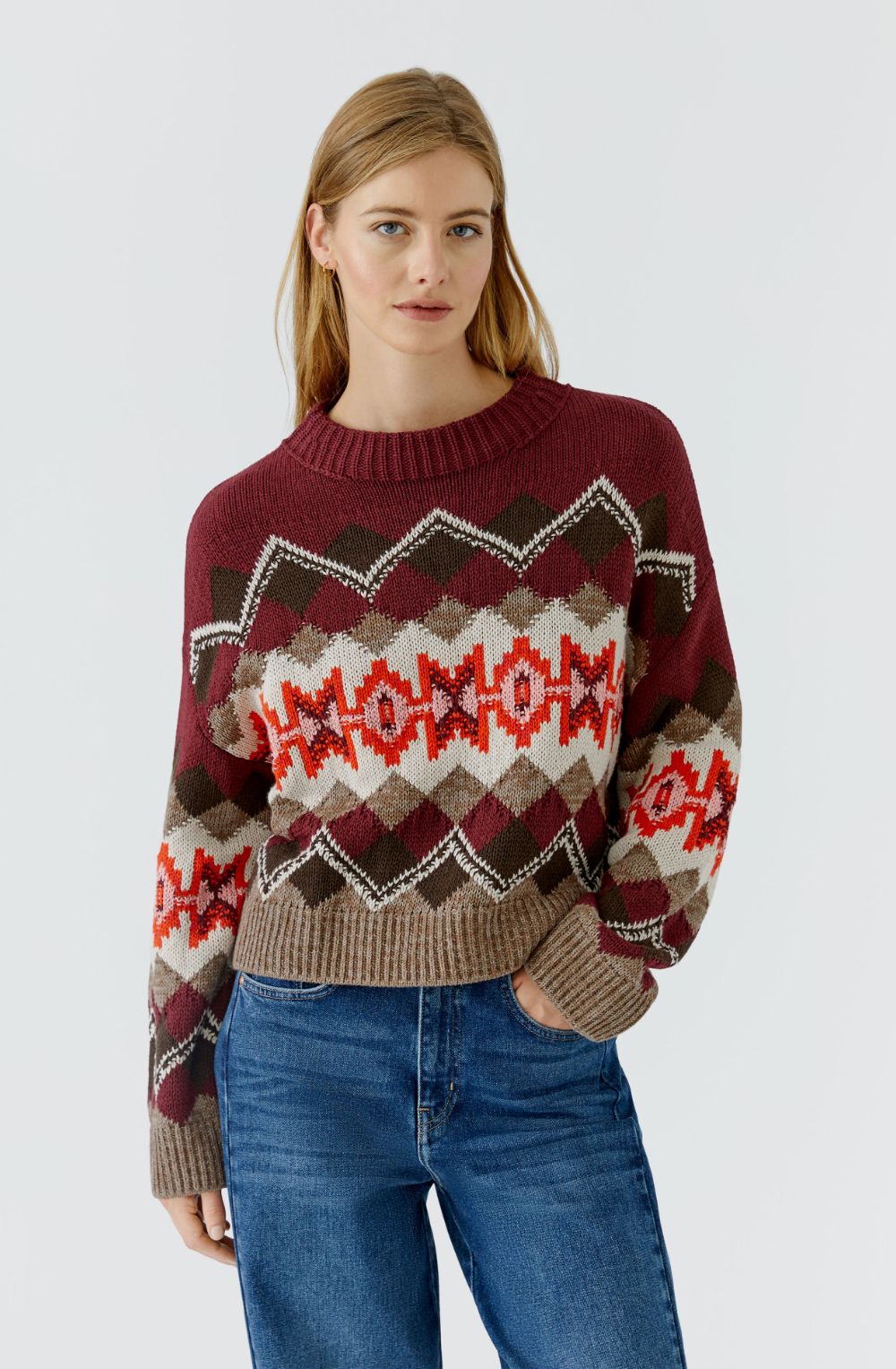 Dark Red Knitted Diamond Print Jumper