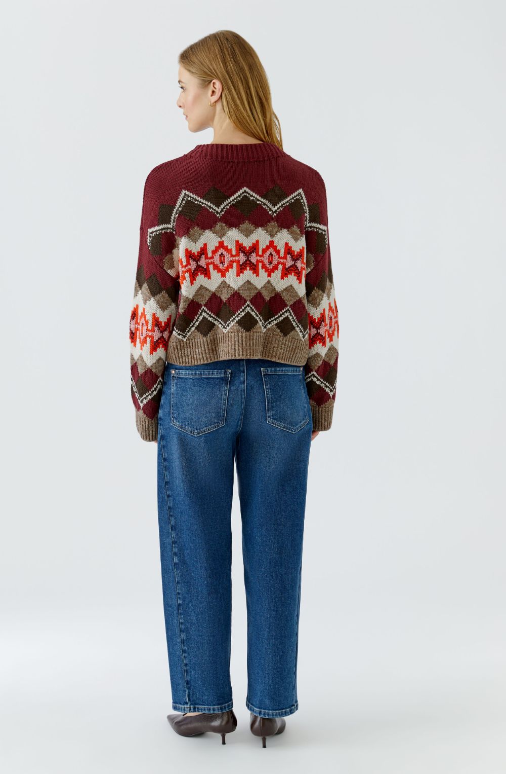 Dark Red Knitted Diamond Print Jumper