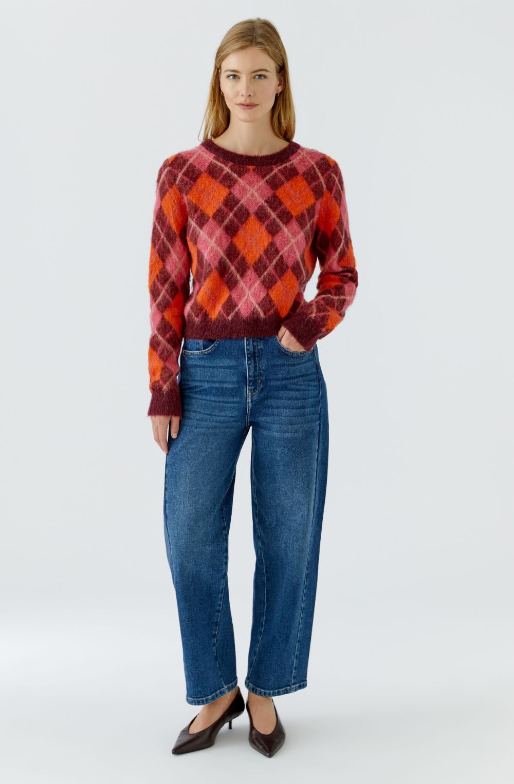 Dark Red Maroon and Pink Argyle Brushed Knit Jumper