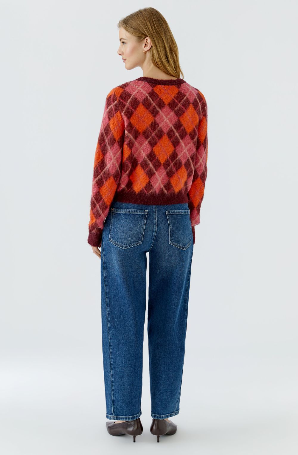 Dark Red Maroon and Pink Argyle Brushed Knit Jumper