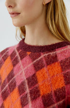 Dark Red Maroon and Pink Argyle Brushed Knit Jumper