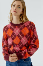 Dark Red Maroon and Pink Argyle Brushed Knit Jumper