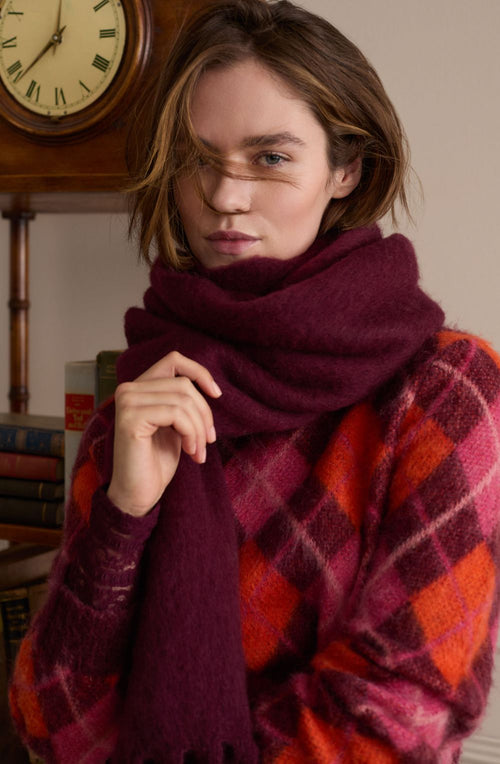 Dark Red Maroon and Pink Argyle Brushed Knit Jumper