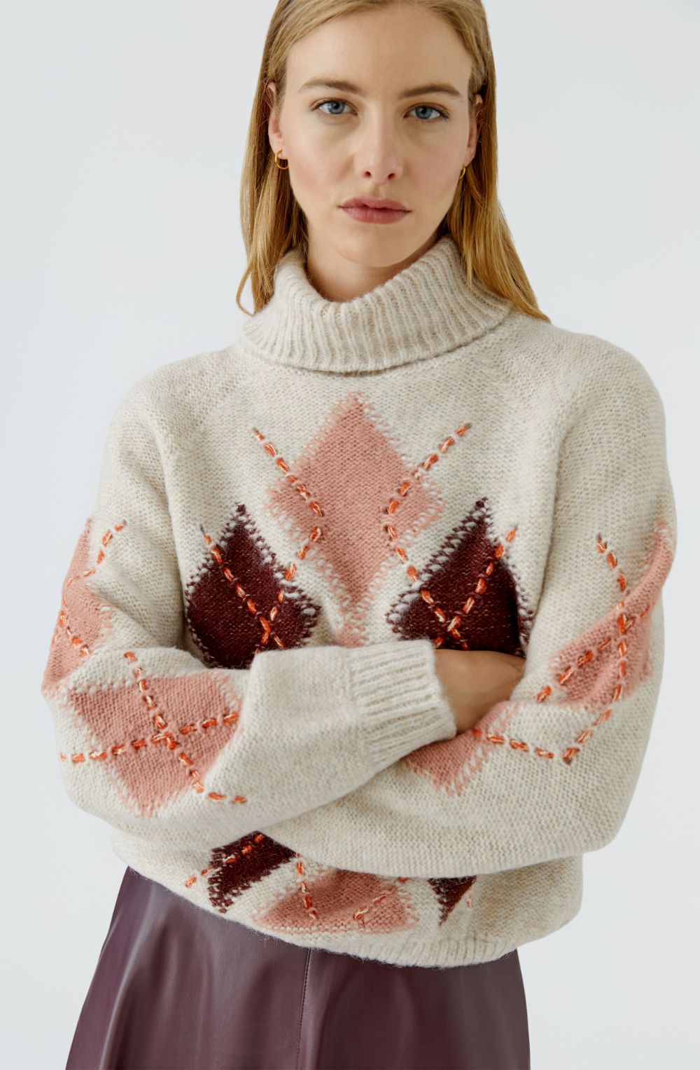Light Stone Red Argyle High Neck Jumper
