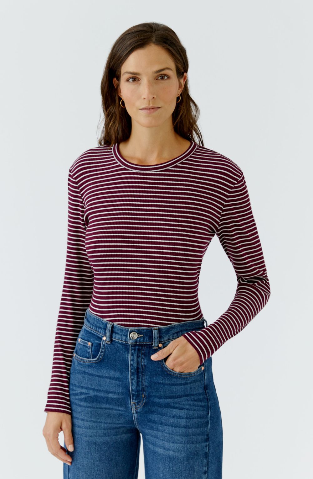 Dark Red Maroon Stripe Ribbed Jersey Top