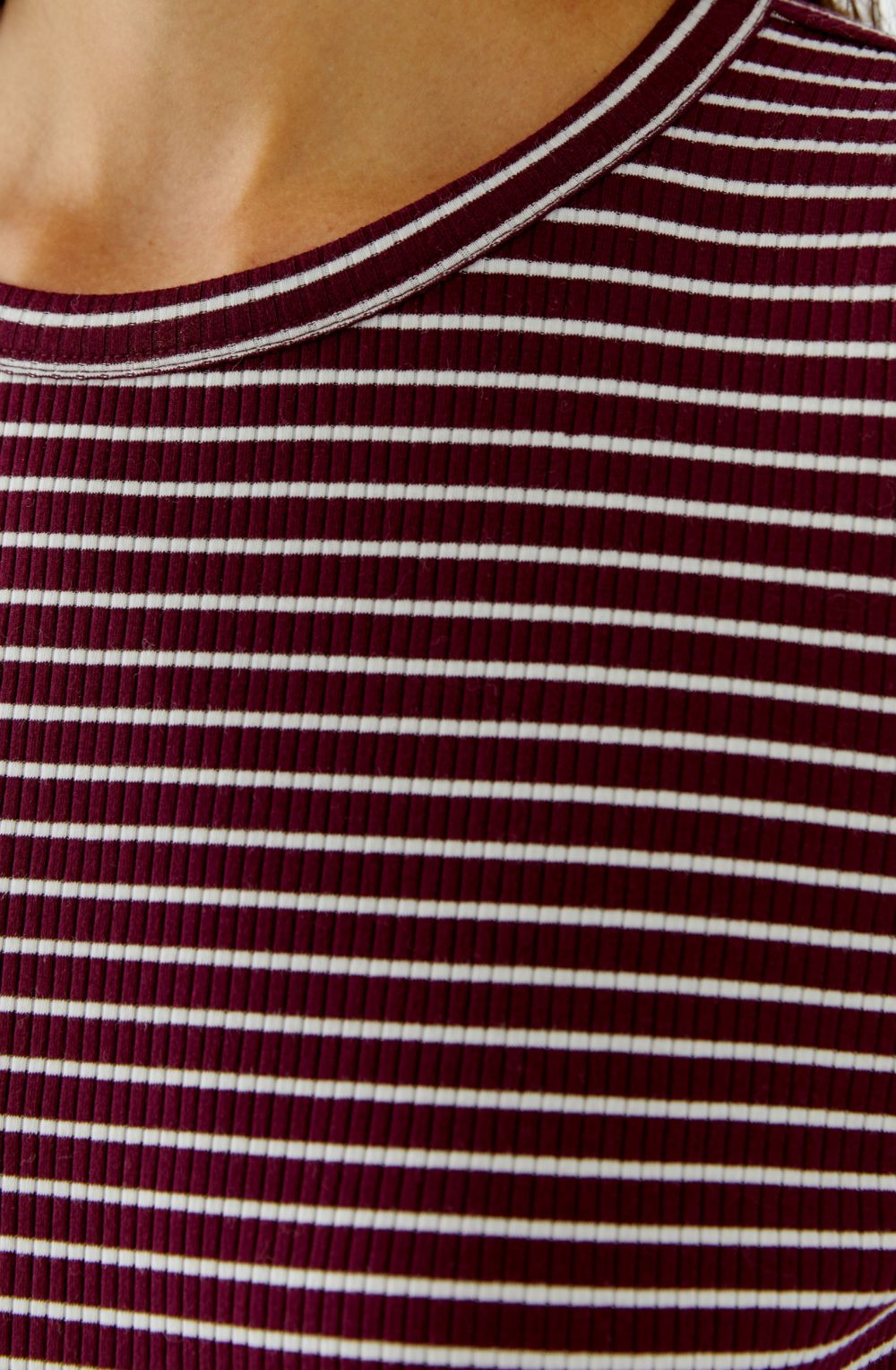 Dark Red Maroon Stripe Ribbed Jersey Top