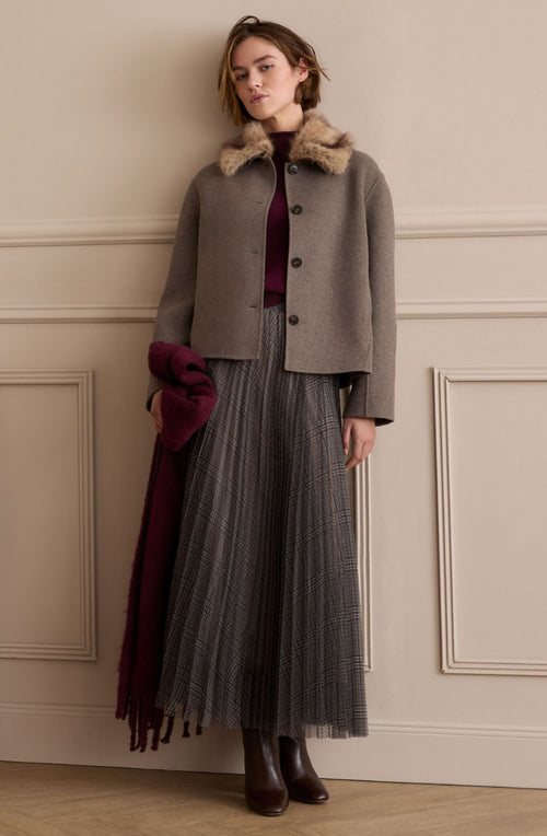 Off White Brown Mesh Layered Checked Skirt