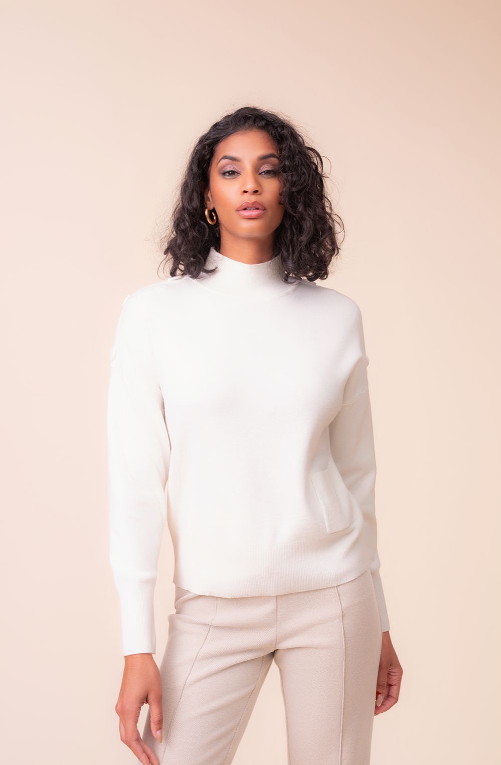 Off White High Neck Button Detail Jumper