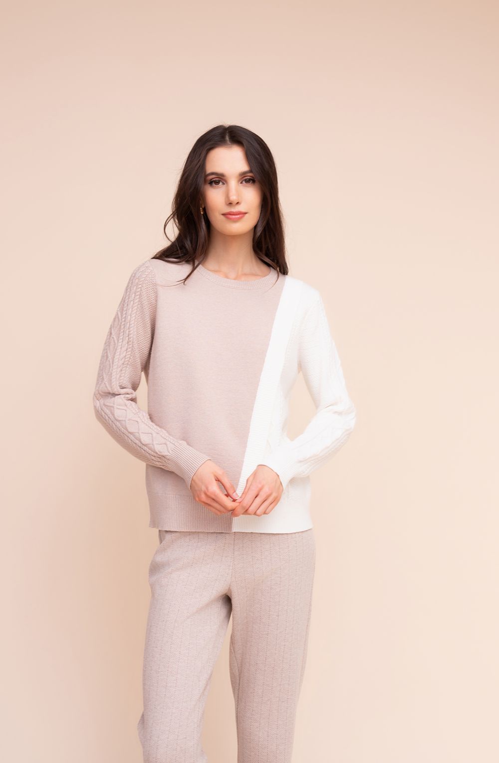 Beige and Cream Asymmetric Mixed Knit Jumper