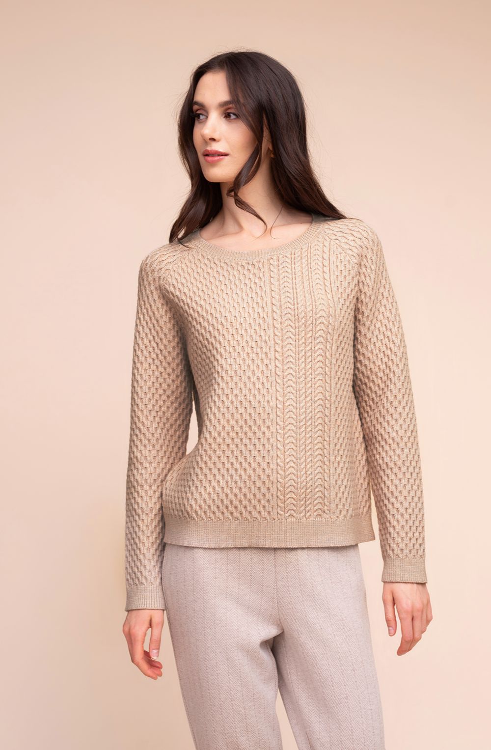 Beige Textured Cable Knit Jumper