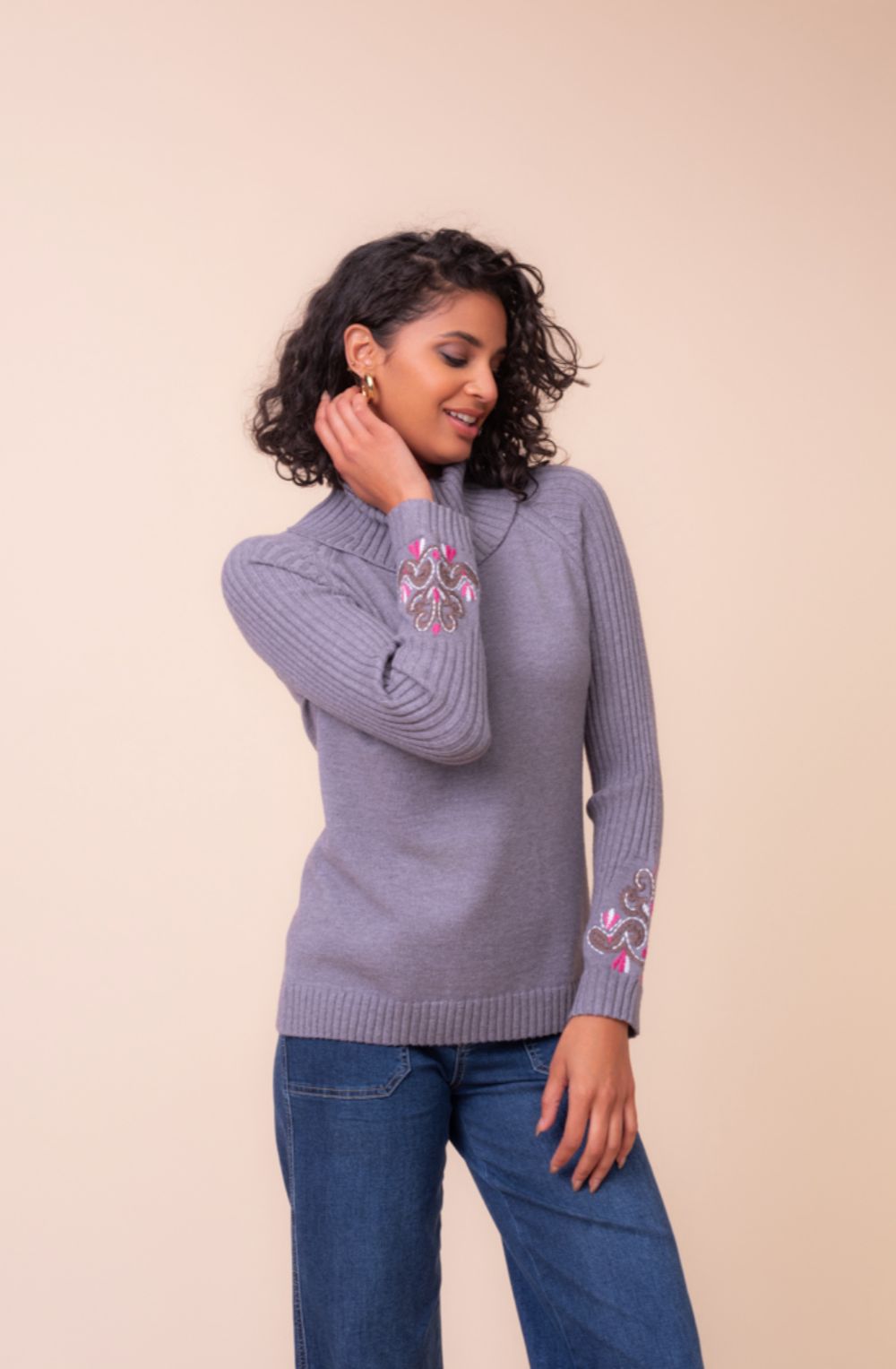 Grey High Neck Embroidered Sleeve Jumper