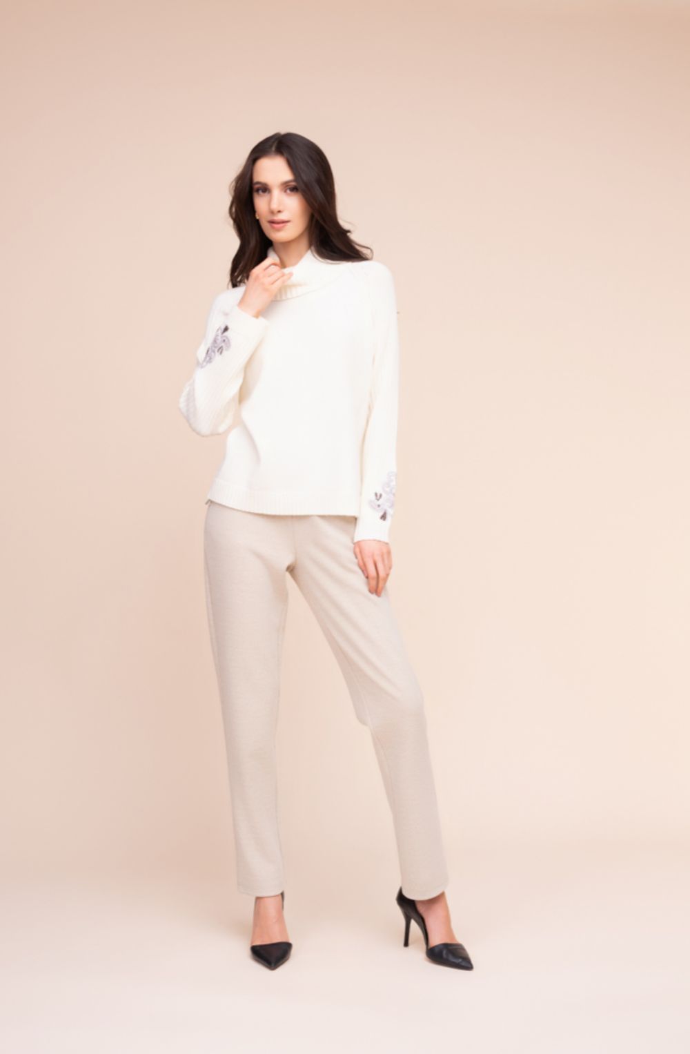 Off White High Neck Embroidered Sleeve Jumper