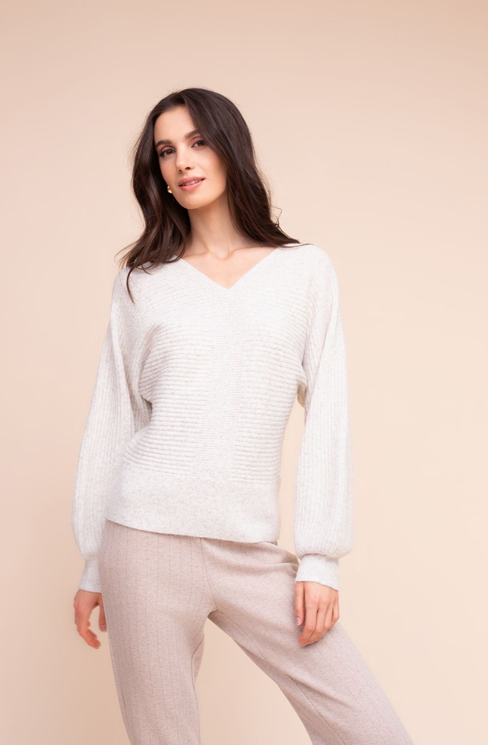 Oatmeal Relaxed V-Neck Balloon Sleeve Jumper