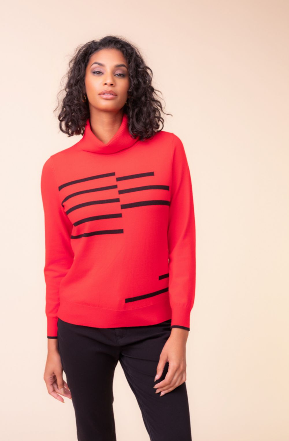 Red & Black Striped Design Cowl Neck Jumper