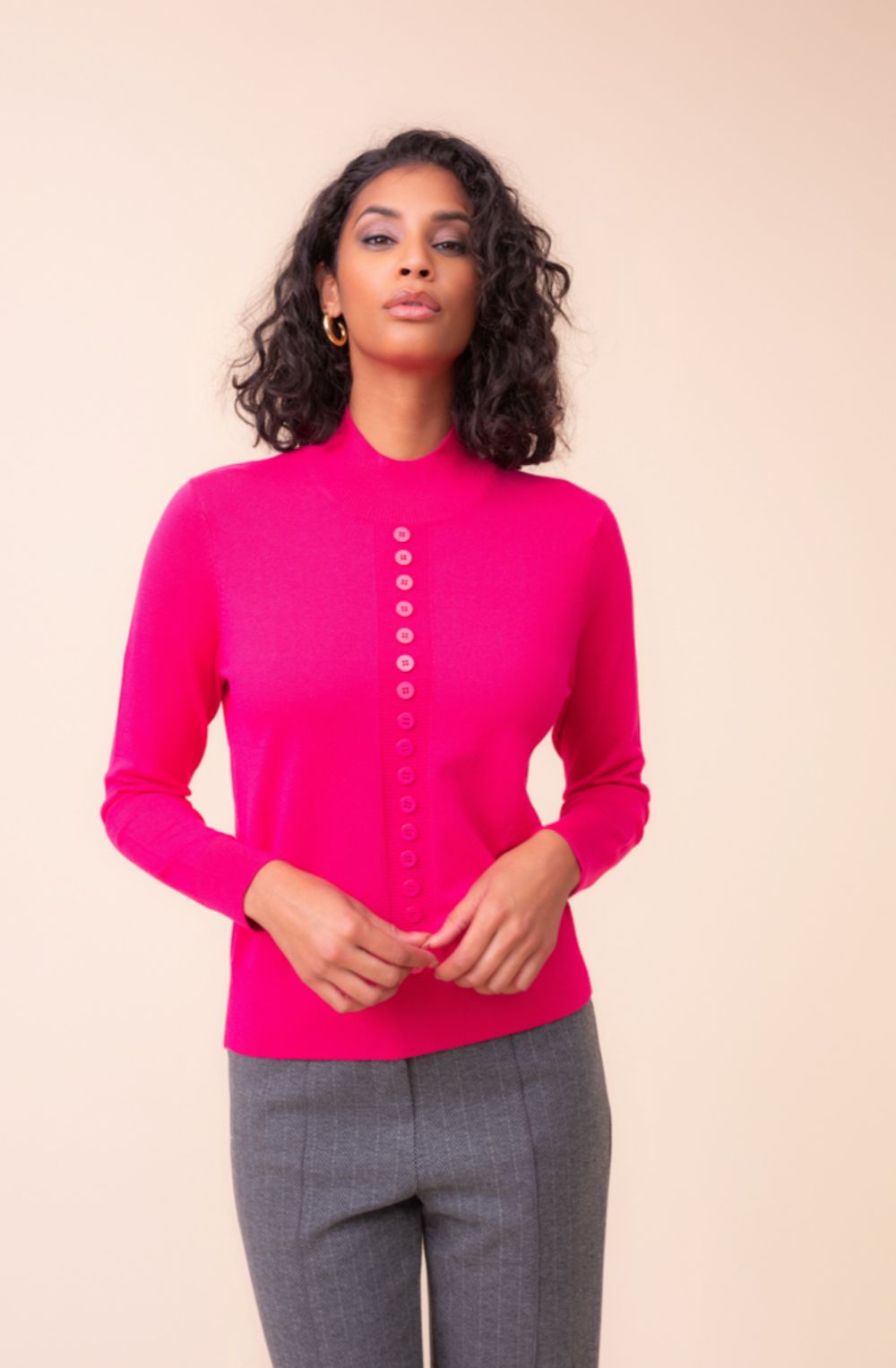 Fuchsia High Neck Button Stripe Jumper