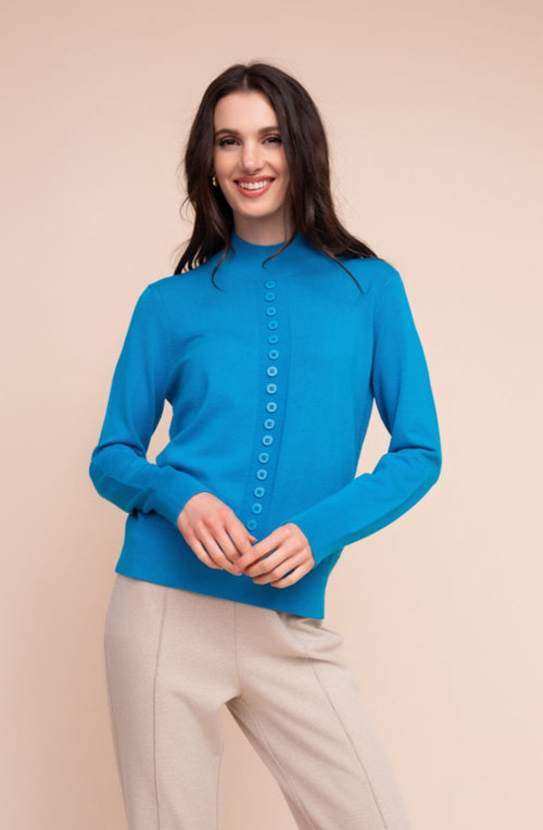 Teal High Neck Button Stripe Jumper