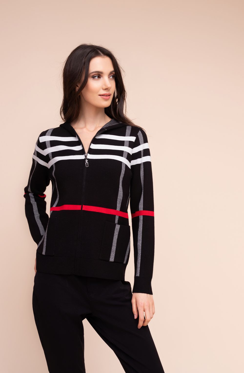 Red and black Abstract Stripe Hooded Cardigan