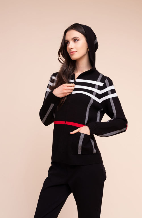Red and black Abstract Stripe Hooded Cardigan