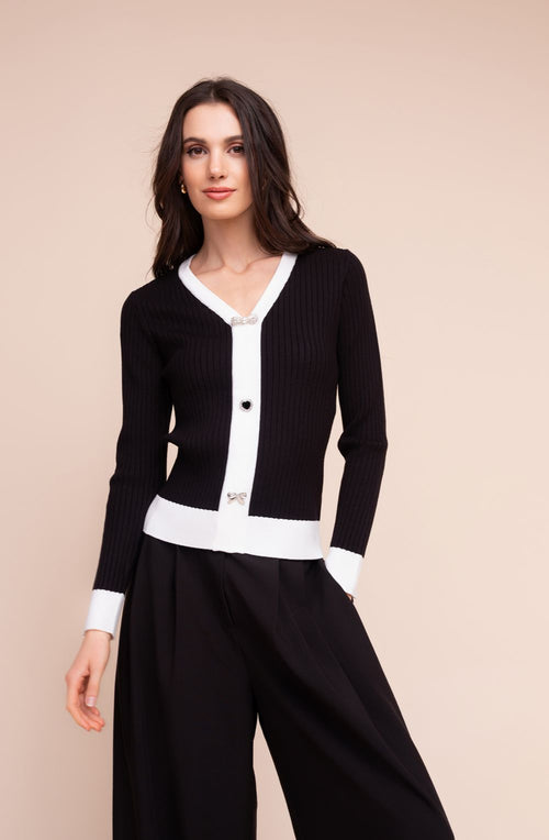 Black and White Statement Button V-Neck Jumper