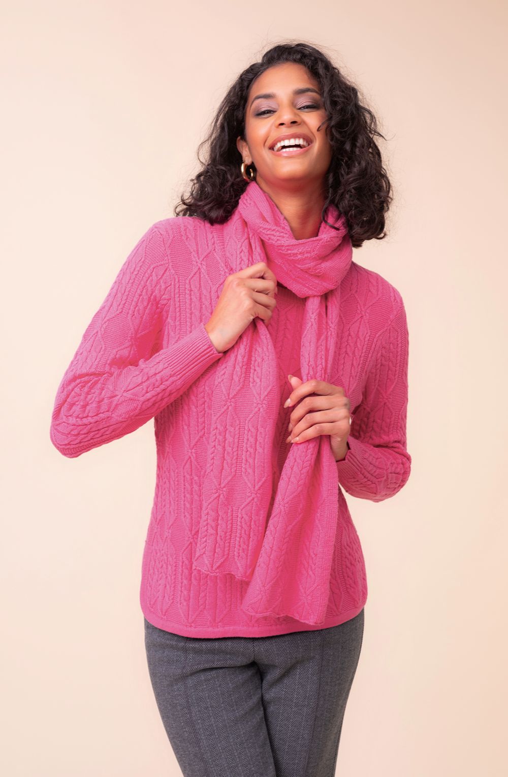 Fuchsia Cable Knit Jumper with Matching Scarf