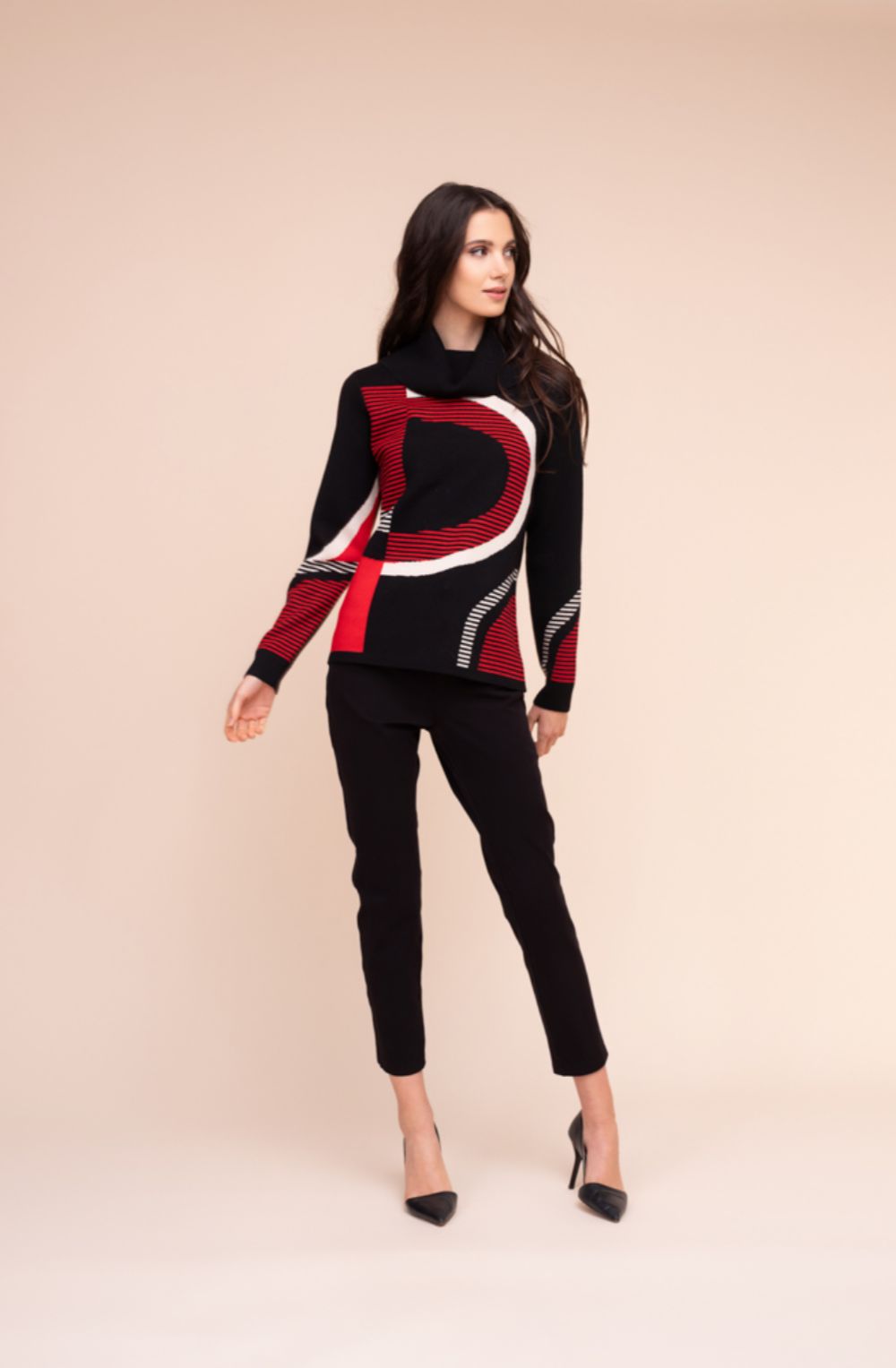Red & Black Graphic Print Cowl Neck Jumper
