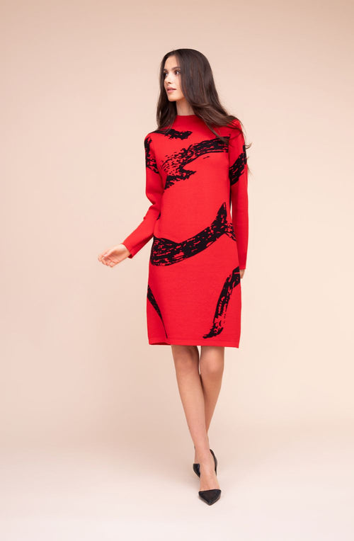 Red and Black Patterned Knitted Dress