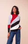 Red and Grey Abstract Pattern High Neck Jumper