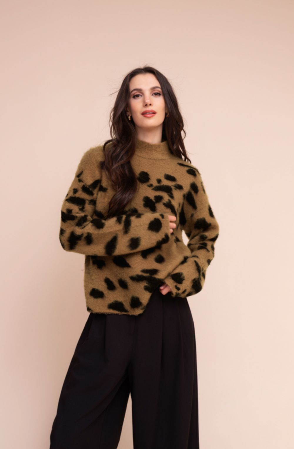 Camel Textured Knit Animal Print Jumper