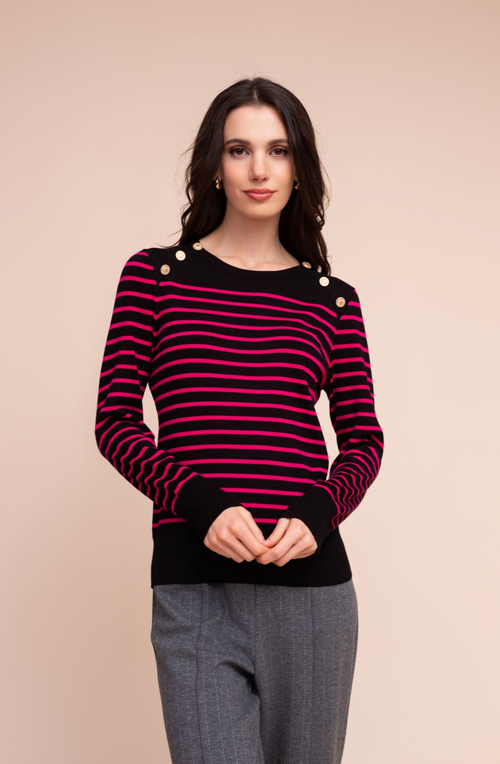 Fuchsia and Black Gold Shoulder Buttons Jumper