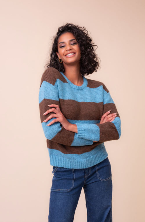Chocolate and Teal Striped Oversized Jumper