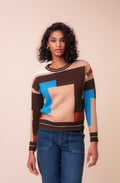 Chocolate, Teal and Beige Colour Block Cotton Mix Jumper