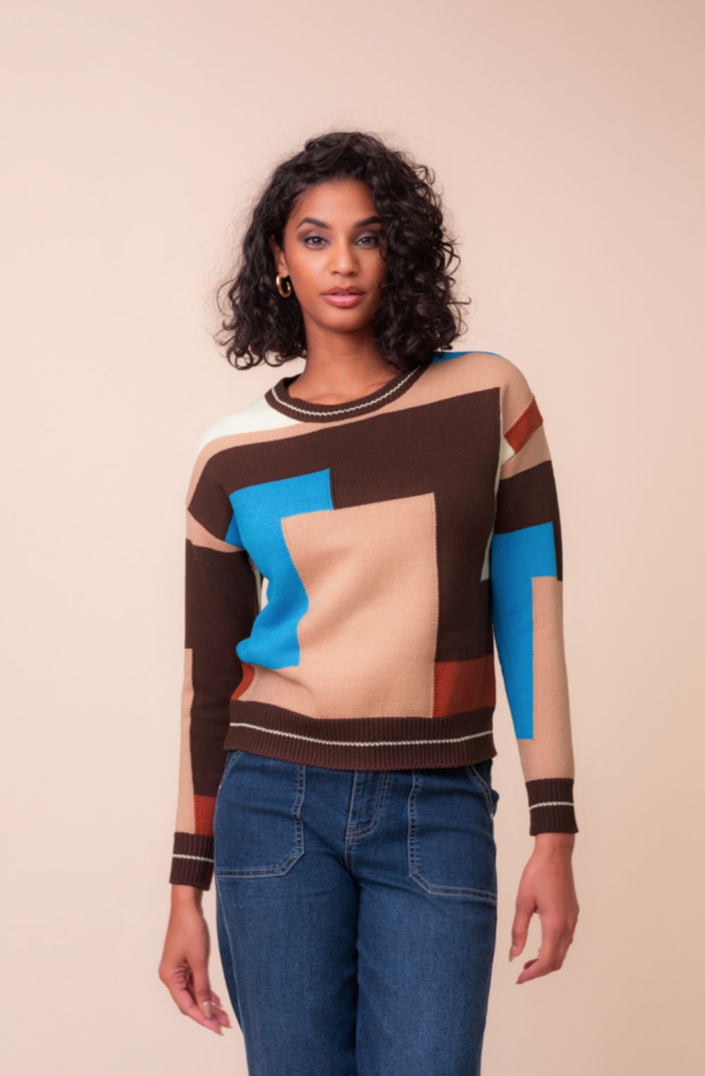 Chocolate, Teal and Beige Colour Block Cotton Mix Jumper
