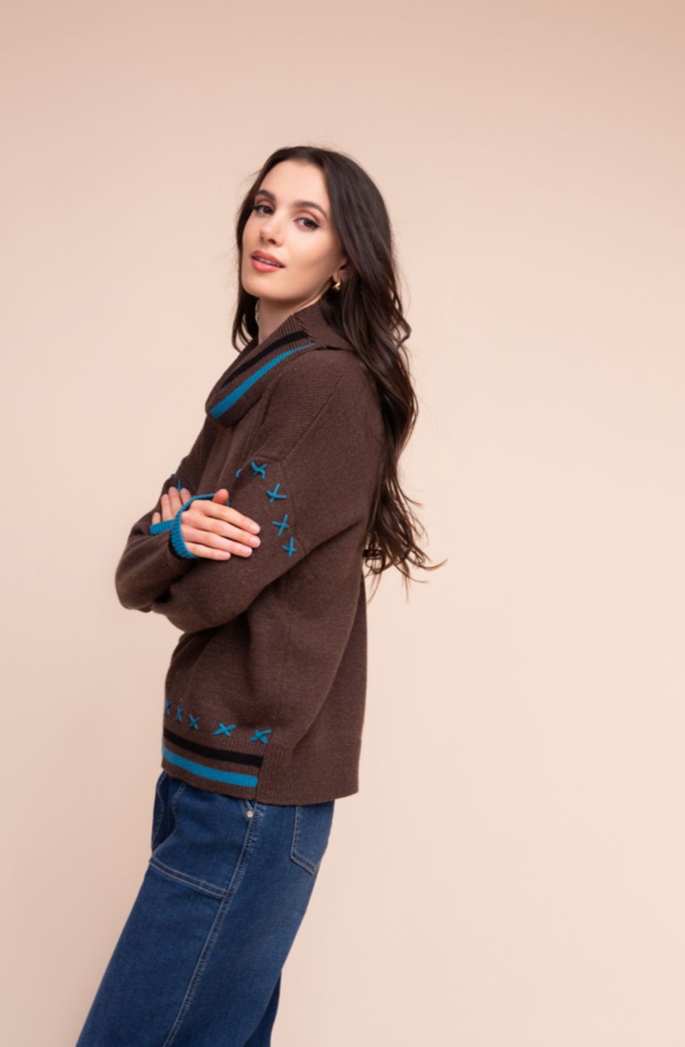Chocolate and Blue cowl Neck Embroidered Detail Jumper